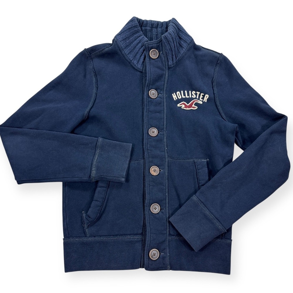 Y2K Hollister Sweater Women's Small Navy Blue Cardigan Mock Neck Button Down - Picture 1 of 6